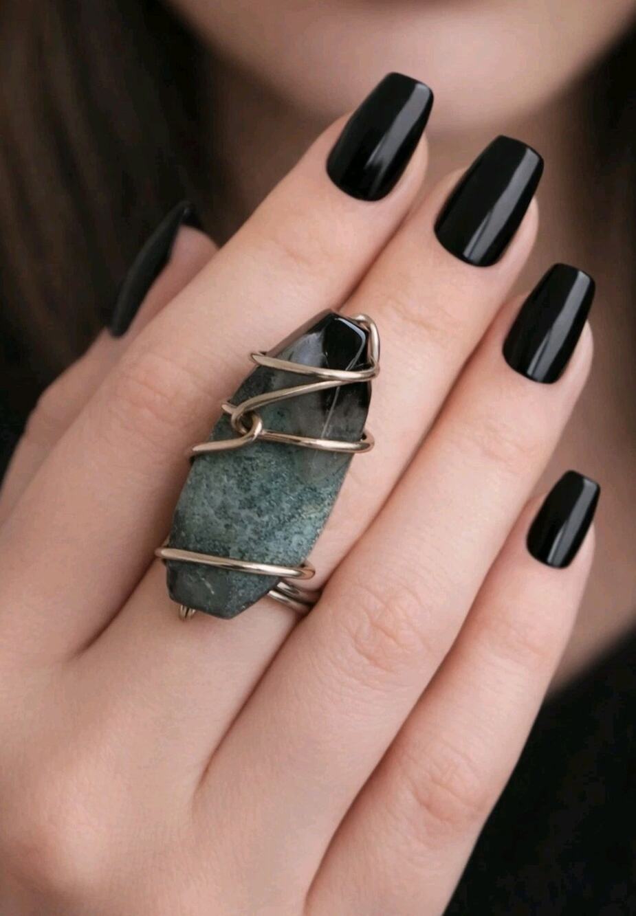Unusual Large Stone Artisan Ring, Turquoise Black, Size 6, Statement r-1‎
